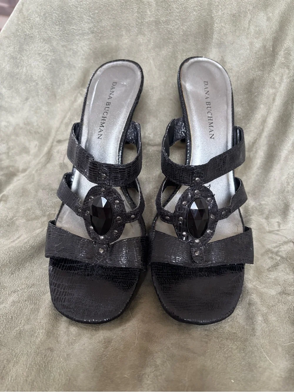 Dana Bachman Black Briony Jeweled Python Kitten Heel Slide Sandals Size 9 1/2 M